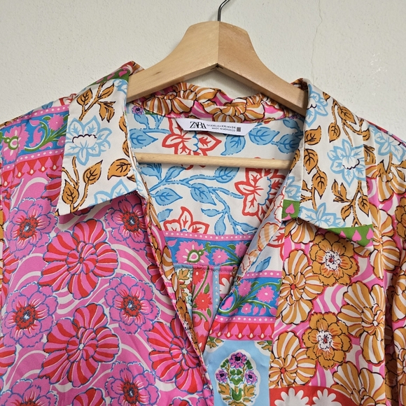 ZARA Patchwork Floral Satin Button Front Blouse Multicolor Boho Size XXL - Picture 4 of 8